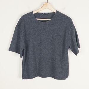 Zara Gray Soft Nit Boxy Ribbed Short Sleeve Top Women Sz S